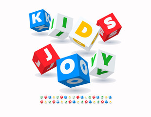 Vector Cool sign Kids Joy. Colorful Blocks Font. 3D Cube Alphabet Letters and Numbers set