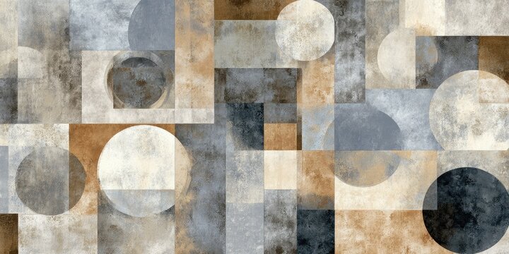 Abstract geometric composition featuring overlapping shapes, circles, rectangles in muted tones