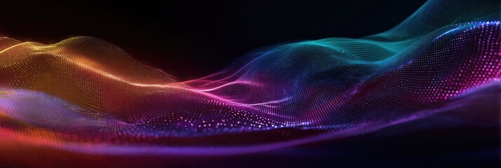 Abstract digital rendering of undulating, colored particles with gradients against a dark backdrop