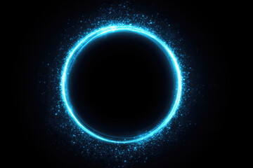 Fototapeta premium Light circle background with blue light neon effect. Light glowing circle line of neon effect. Glowing blue ring trace. Glitter magic sparkle swirl trail effect on black background.