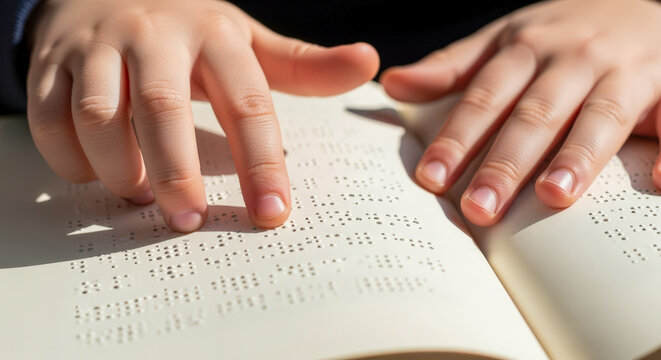 Young fingers explore braille dots on an open book, symbolizing education, accessibility, and the joy of learning for visually impaired individuals.
