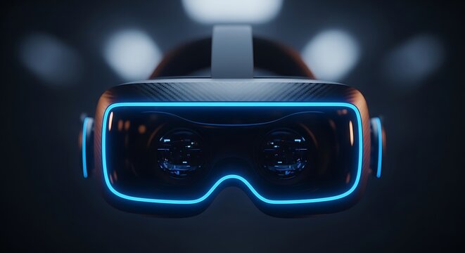 A close up view of a vr headset with blue neon lights in a dark environment showing the front panel - Powered by Adobe