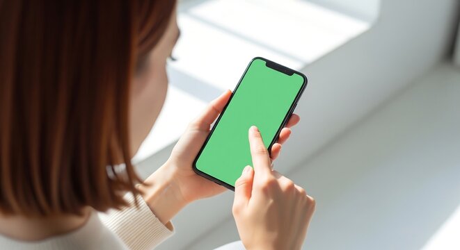 Person using a mobile phone with a green screen, scrolling with their finger on a handheld device, indoors near a window