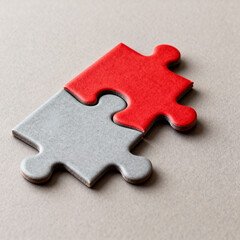 Fototapeta premium A Close Up of Two Puzzle Pieces One Red and One Gray Connected on a Neutral Background