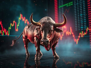 Bull Market Concept: Powerful Bull with Stock Market Chart Background, Symbolizing Financial Strength, Investment Growth, and Economic Prosperity in Trading