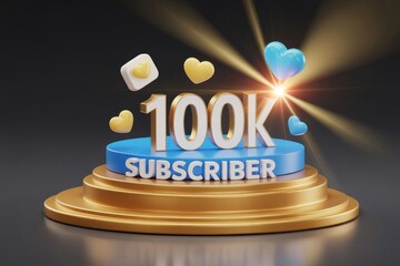 100k subscriber celebration with hearts and podium on dark background