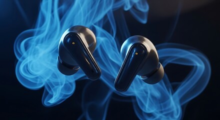A pair of black wireless earbuds are displayed against a backdrop of swirling blue smoke like vaporwave art