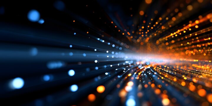 Abstract digital light streaks and bokeh effects creating a sense of rapid movement and futuristic energy in a dark environment