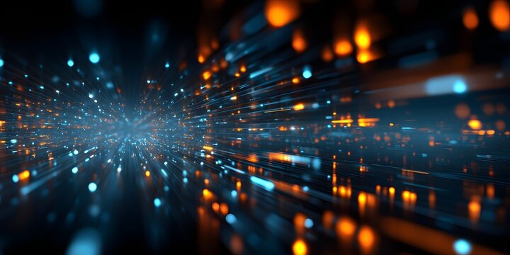Abstract digital explosion of vibrant blue and orange light particles creating a sense of speed and movement in a futuristic dark environment