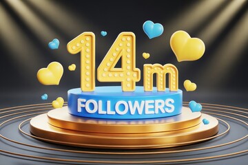 14 million followers celebration with hearts and podium on dark background