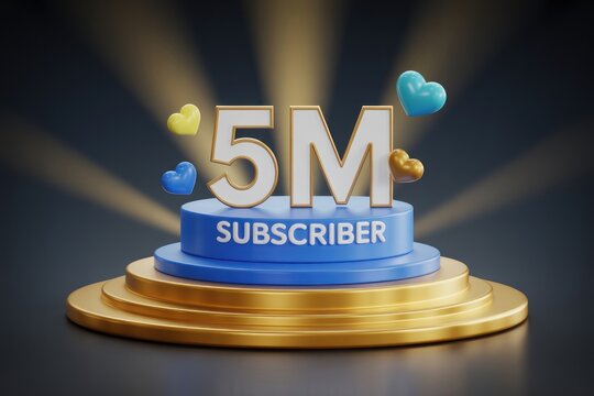 Five million subscribers celebration with golden podium and heart decorations - Powered by Adobe