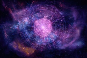 A vibrant cosmic depiction featuring a zodiac wheel within a nebulae of purple and gold