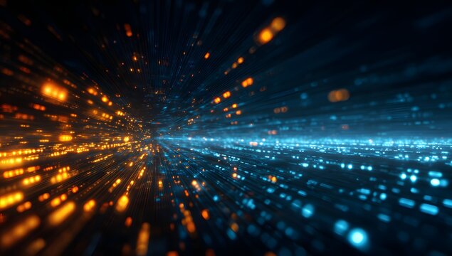 Abstract digital light streaks and particles in a dynamic futuristic and energetic motion blur effect creating a sense of speed and data flow through a vibrant glowing and illuminated tunnel of light
