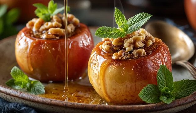 Baked Apples with Cinnamon, Walnuts, and Maple Syrup. A close-up studio shot of two baked apples, topped with walnuts and fresh mint, drizzled with maple syrup, and served on a rustic plate
