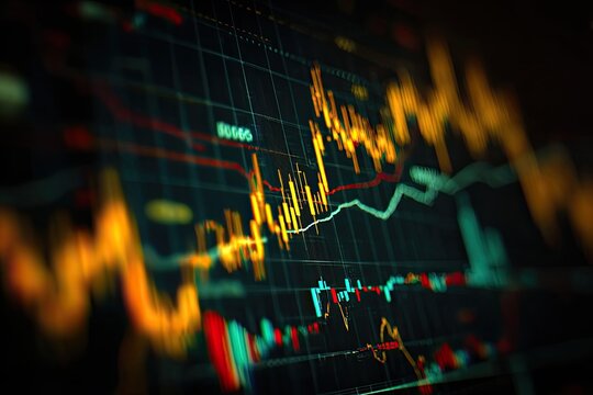 Financial chart with overlaid lines fluctuating, displaying data in green, red, yellow, and blue