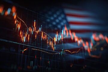 Abstract stock market visualization. US flag background with downward trend financial data overlay