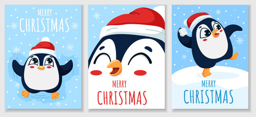 Cute Christmas penguin illustrations in Santa hats with snowflakes. Set of festive greeting cards perfect for holiday design, postcards, or winter decoration.
