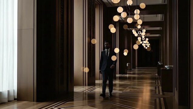 A distinguished man in a suit strides confidently down a long, richly decorated hallway. The atmosphere feels luxurious
