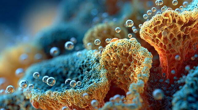 Explore the stunning microscopic world of cellular structures with vibrant bubbles and intricate textures, perfect for science and medical projects.