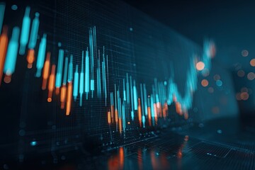 Illuminated digital data graph with glowing blue and orange lines, blurred background