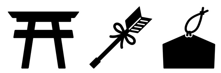 日本の建物や行事に関するアイコン素材セット。鳥居・破魔矢・絵馬。ベクターイラスト。