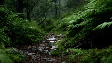 Fototapeta premium A stone path winds through a lush green forest filled with ferns and moss