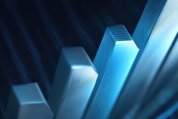 Abstract image of ascending rectangular structures, illuminated by blue light, against a dark backdrop