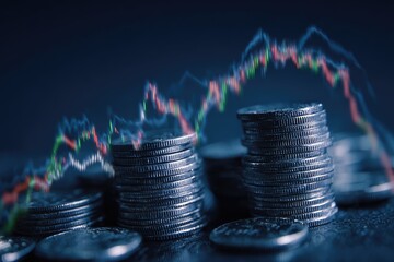 Stacks of coins in dim light with an overlaid, dynamic, colorful financial chart