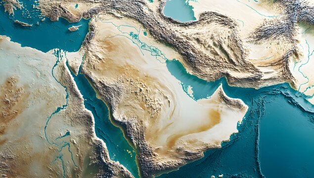 Detailed topographic relief map of the middle east region showcasing deserts mountains and surrounding bodies of water with intricate geographical features