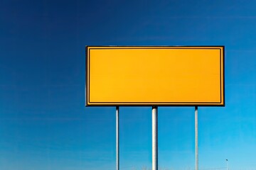 Obraz premium A vibrant, yellow rectangle sign against a clear blue sky, supported by two silver poles
