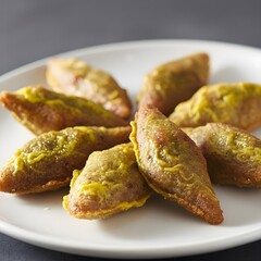 Closeup of Sri Lankan Mun Kawum — deep-fried mung flour cake with crispy edges, soft center, and golden treacle glaze, served on a white plate under natural daylight, festive sweet delight.