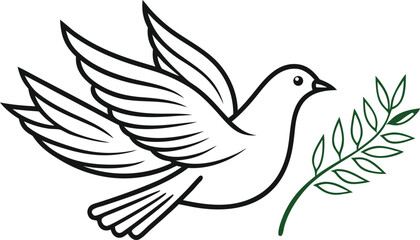 Obraz premium Black Outline Dove with Green Olive Branch bird peace