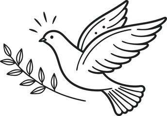 Obraz premium Black Outline Dove with Olive Branch Line Art bird
