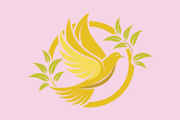 Naklejka premium Yellow Dove with Olive Branch on Pink Background bird