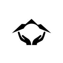This minimalist black and white icon depicts two caring hands gently supporting a stylized mountain or roof, symbolizing protection, security, and a safe haven.