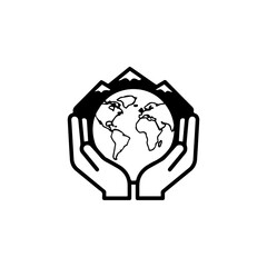A compelling line art graphic illustrates human hands tenderly embracing the Earth, representing global environmental protection, sustainability, and ecological responsibility.