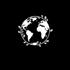 This elegant white outline illustration depicts the Earth, beautifully encircled by delicate leaves, symbolizing global environmental protection and sustainable living.