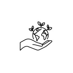 An elegant line art illustration depicts a human hand gently cradling the Earth, symbolizing global environmental protection and sustainable growth for a greener future.