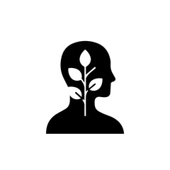 A powerful silhouette of a human head with a vibrant plant growing inside, symbolizing mental growth, fresh ideas, and the flourishing of sustainable consciousness.
