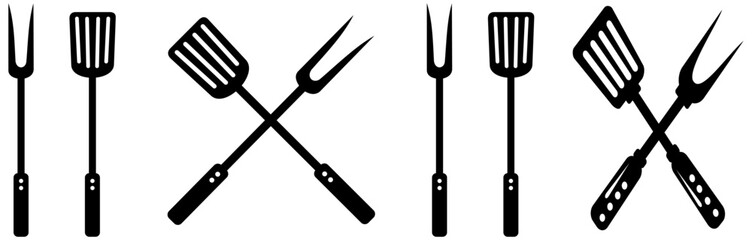 Fototapeta premium Barbecue grill tools including spatula tongs and fork silhouette . Design element for logo, label, sign, poster, flyer. Vector illustration template