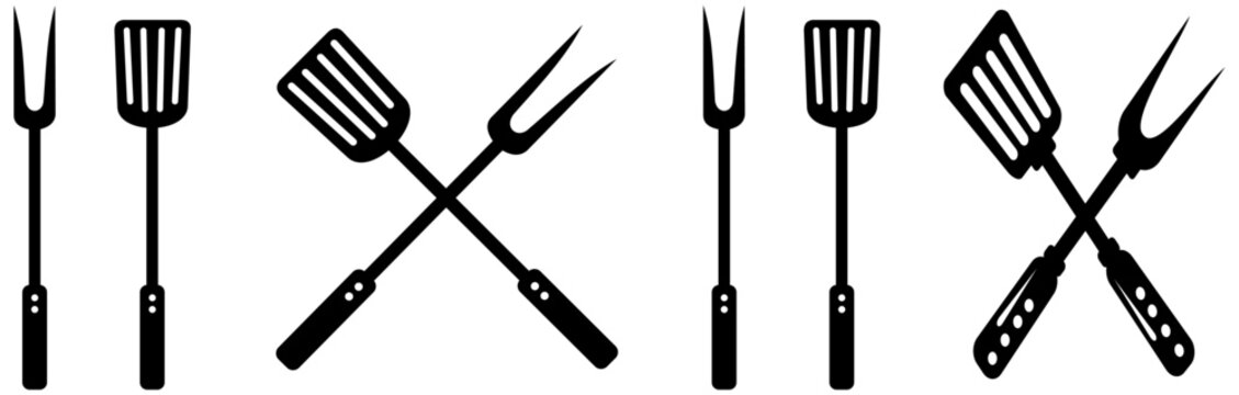 Barbecue grill tools including spatula tongs and fork silhouette . Design element for logo, label, sign, poster, flyer. Vector illustration template
