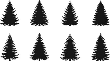 Naklejka premium Set of eight pine tree silhouettes, black evergreen forest shapes, minimal Christmas and winter nature design elements for decoration