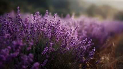 Fototapeta premium Vast field of blooming purple lavender flowers under soft hazy sunlight evoking tranquility and natural beauty