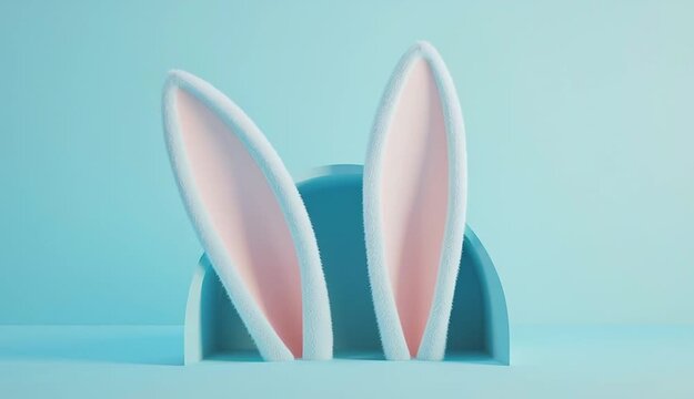A minimalistic and surreal image of two white rabbit ears sticking out of a hole in a pastel blue background