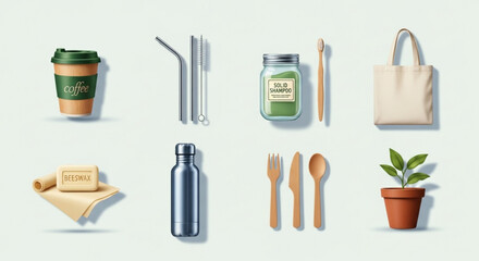 Zero waste lifestyle concept reusable coffee cup, metal straws, bamboo toothbrush, tote bag, and wooden cutlery
