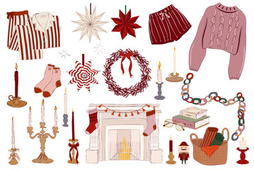 Set of Vintage Christmas Clipart. Cozy Holiday home decor, pajamas, candles, fireplace, garland, blanket, basket, wreath, stars. Perfect for greeting card, stickers, winter decor. Editable Vector