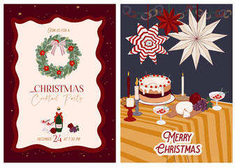 Collection of Holidays Greeting or Invitation cards. Perfect for Christmas, New Year, Winter Holidays. Vintage Cozy Christmas posters. Editable Vector Illustration.