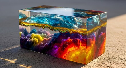 Colorful Resin Art Block , Glowing Rainbow Layers in Transparent Cube for Modern Decor & NFT Art Collections
