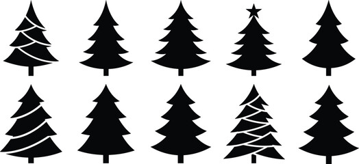 Black pine tree silhouette set, minimalist Christmas tree vector icons collection for winter, holiday, forest, and design decoration themes
