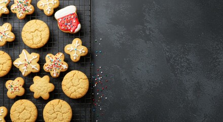 Festive christmas cookies on cooling rack with sprinkles for holiday baking and celebration design